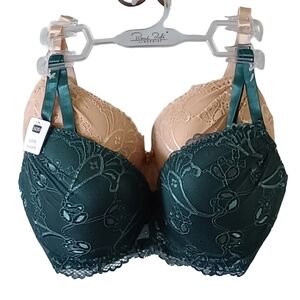 RENE ROFE LINGERIE GREEN AND TAN LACE  BRA SET SIZE 36DD